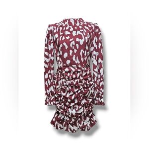 Ruched Long Sleeve Animal Print Dress - Wine & White